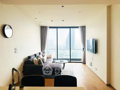 Spacious modern living room with city view and stylish decor