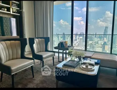 Luxurious living room with stunning city view from high-rise apartment