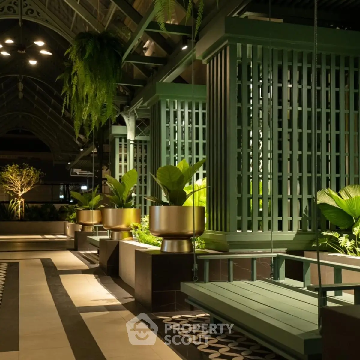 Luxurious garden area with modern design and lush greenery
