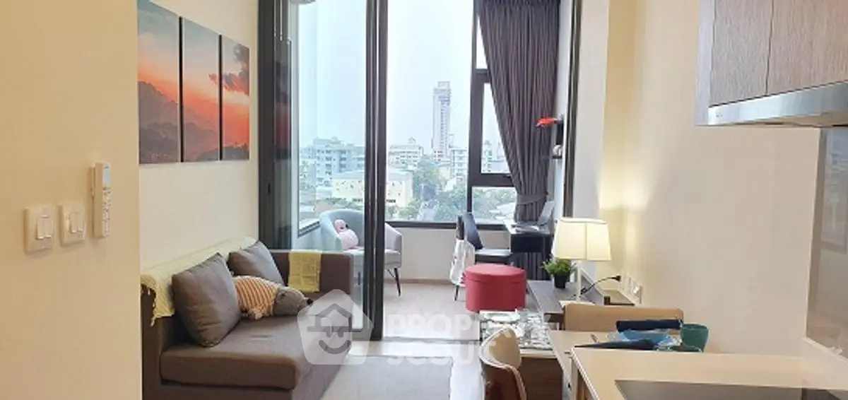 Modern living room with city view and stylish decor