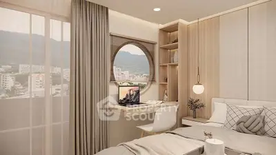Modern bedroom with mountain view and built-in desk, perfect for relaxation and work.