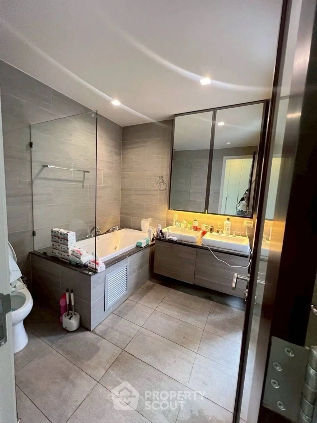 Modern bathroom with dual sinks and bathtub in stylish apartment