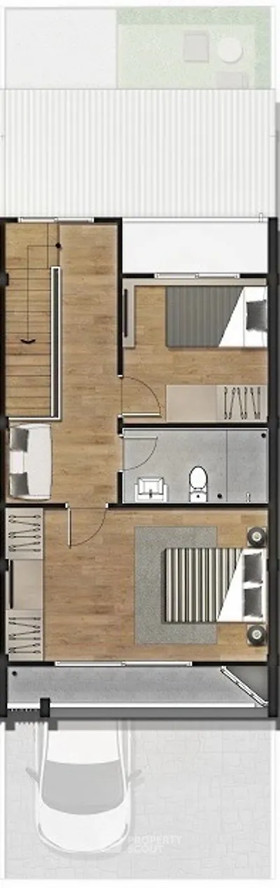 Modern floor plan with two bedrooms, bathroom, and carport, featuring sleek wooden flooring.