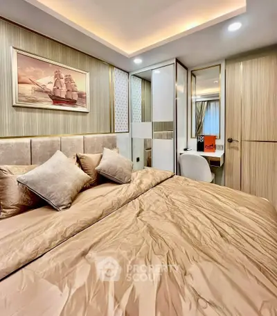 Luxurious bedroom with elegant decor and plush bedding in modern apartment