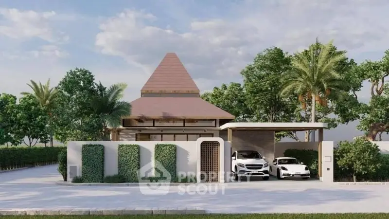Luxurious modern house with sleek carport and lush greenery, perfect blend of elegance and nature.