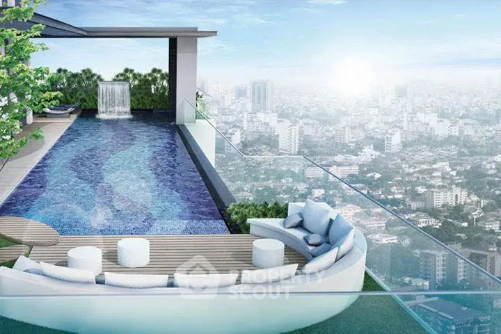 Luxurious rooftop pool with stunning city view and modern seating area.