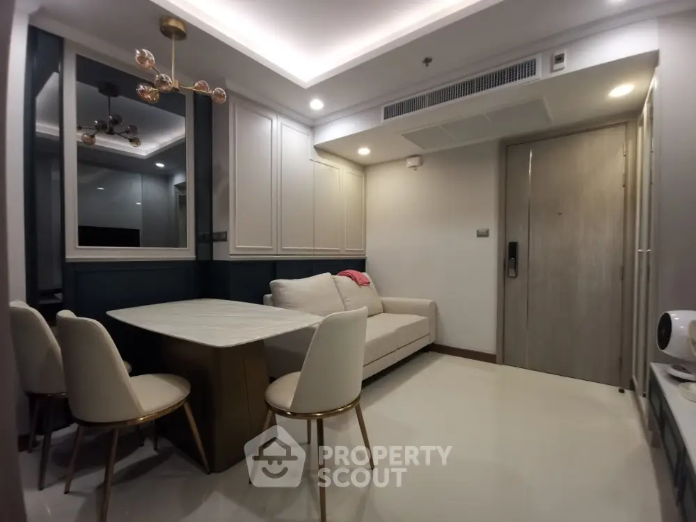 Modern living room with elegant dining area and stylish lighting