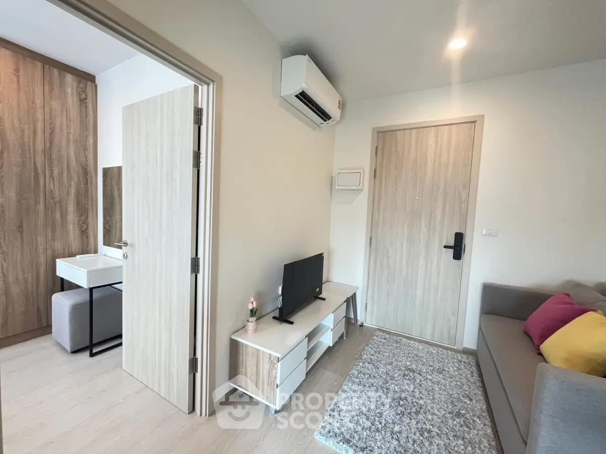 Modern living room with sleek design and cozy ambiance