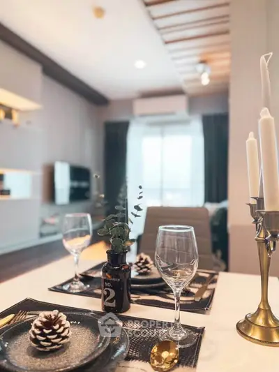 Elegant dining setup in modern living room with stylish decor and natural light.
