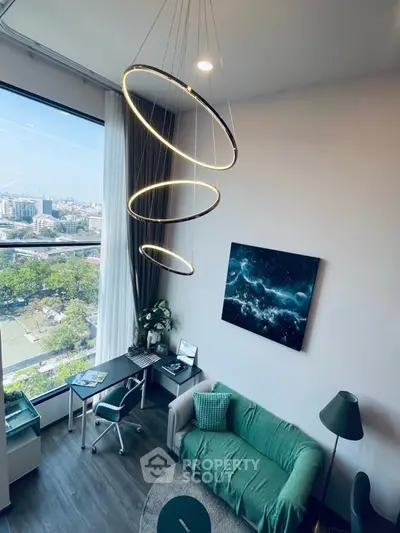 Modern living room with stunning city view and stylish decor