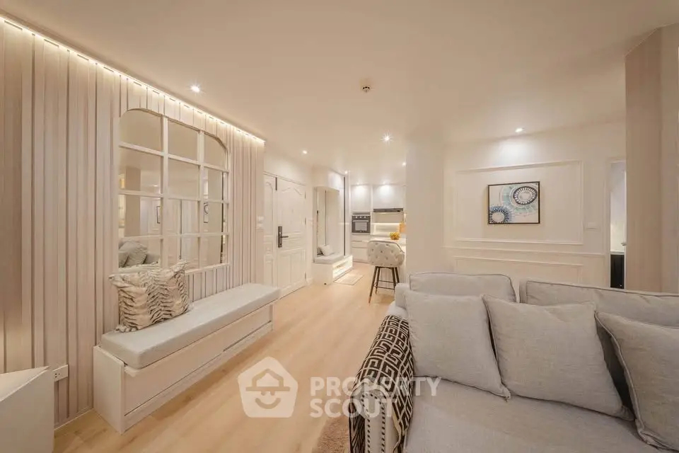 Luxurious modern living room with elegant decor and ambient lighting