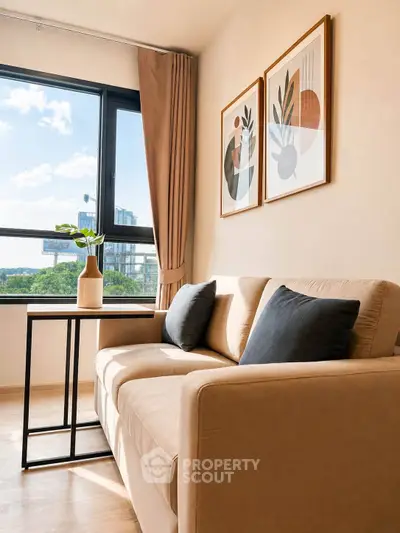 Modern living room with stylish sofa and large window offering city views.
