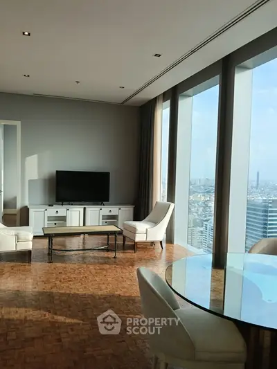 Luxurious living room with panoramic city view and elegant furnishings