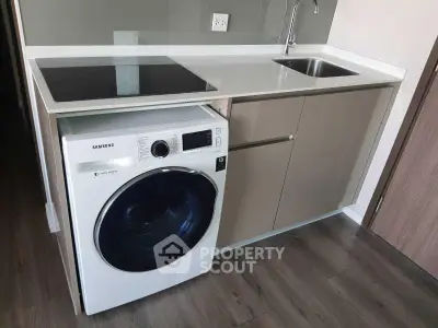 Modern kitchen with sleek cabinetry and built-in washing machine
