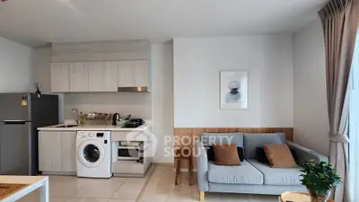 Modern living room with integrated kitchen and washing machine, featuring cozy sofa and stylish decor.