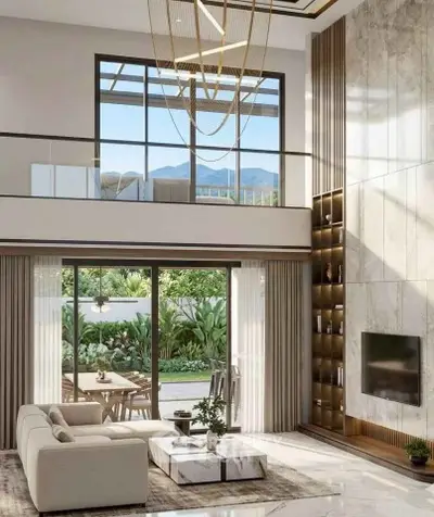 Luxurious double-height living room with modern decor and garden view, featuring elegant chandelier and floor-to-ceiling windows.