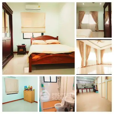 Spacious bedroom with elegant decor and ample natural light, featuring a cozy bed and stylish curtains.