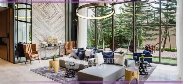 Luxurious modern living room with large windows and elegant decor, featuring stylish furniture and a serene garden view.
