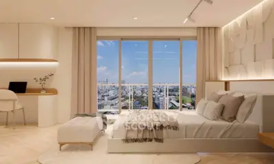 Luxurious bedroom with stunning city view and modern decor