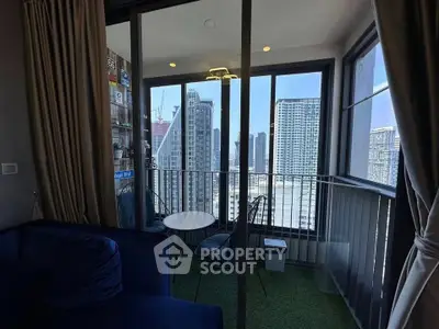 Chic urban balcony with stunning city skyline view, perfect for relaxation and enjoying the vibrant city life.