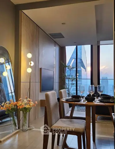 Modern dining area with stunning city view and elegant decor