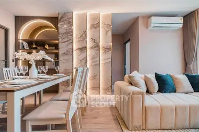 Luxurious modern living room with elegant dining area and stylish decor