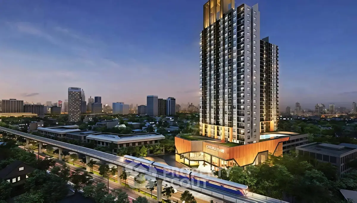 Stunning high-rise condominium with city skyline view and modern architecture.