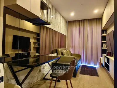 Modern living room with stylish furniture and marble accents