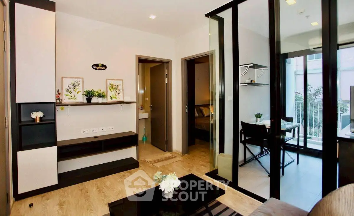Modern living room with open layout and balcony view
