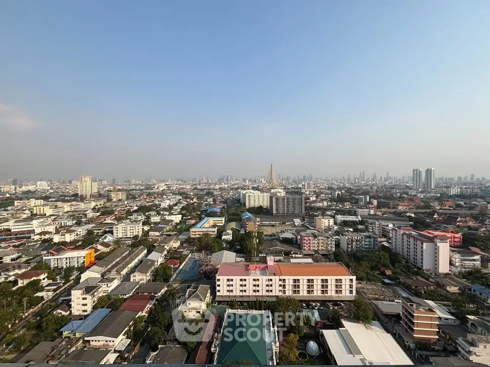 Stunning panoramic cityscape view from high-rise building showcasing urban skyline and vibrant city life.