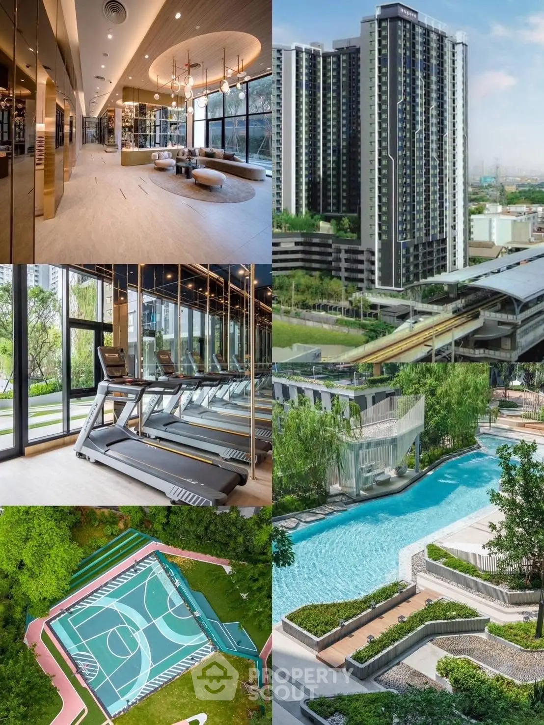 Luxurious condo amenities with gym, pool, and sports court in modern high-rise building.
