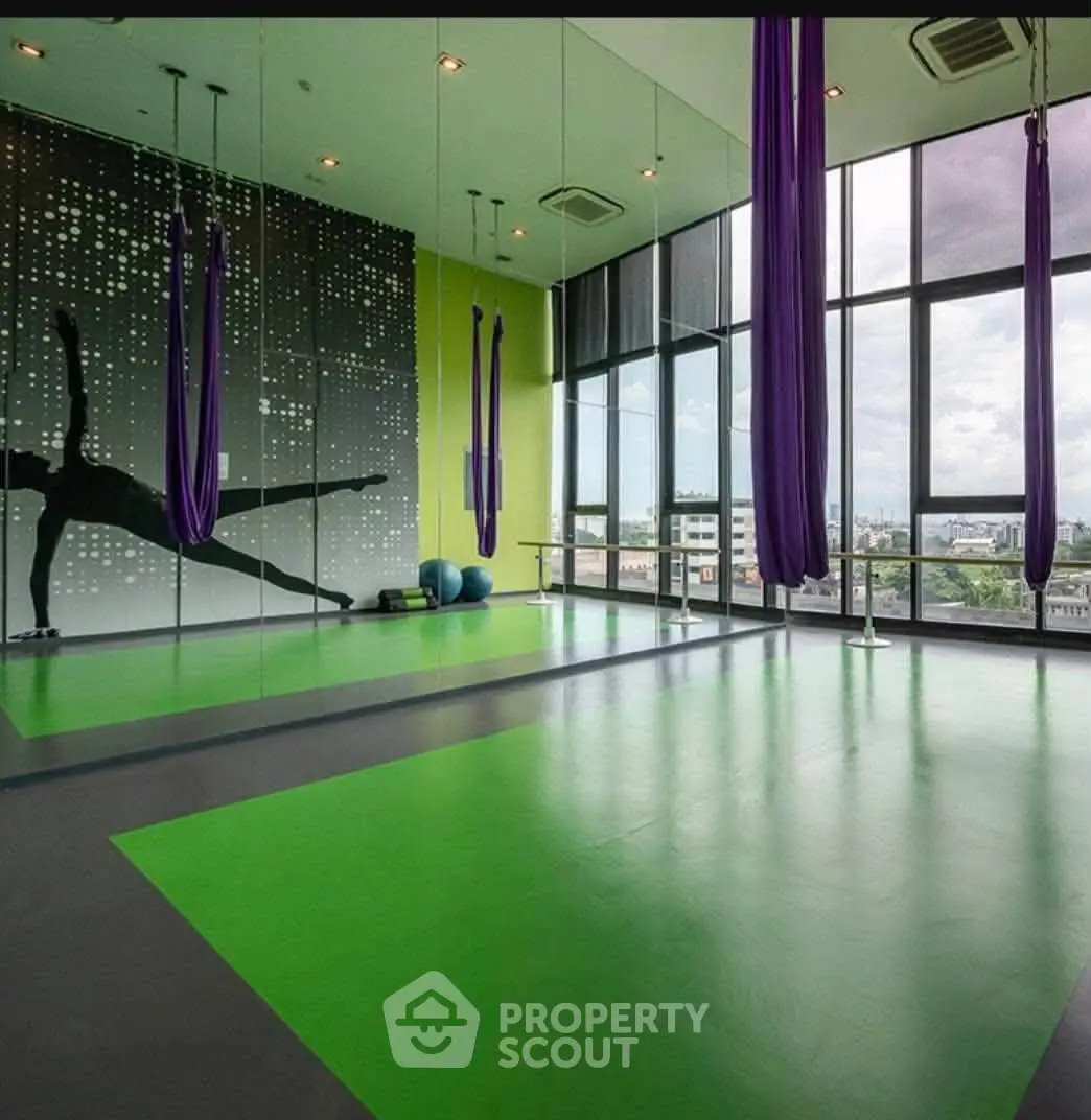 Spacious yoga studio with aerial silks and city view, perfect for fitness enthusiasts.