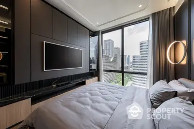 Luxurious modern bedroom with city view and sleek design