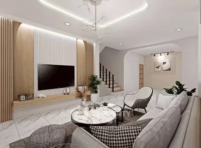 Modern living room with stylish decor and cozy seating area