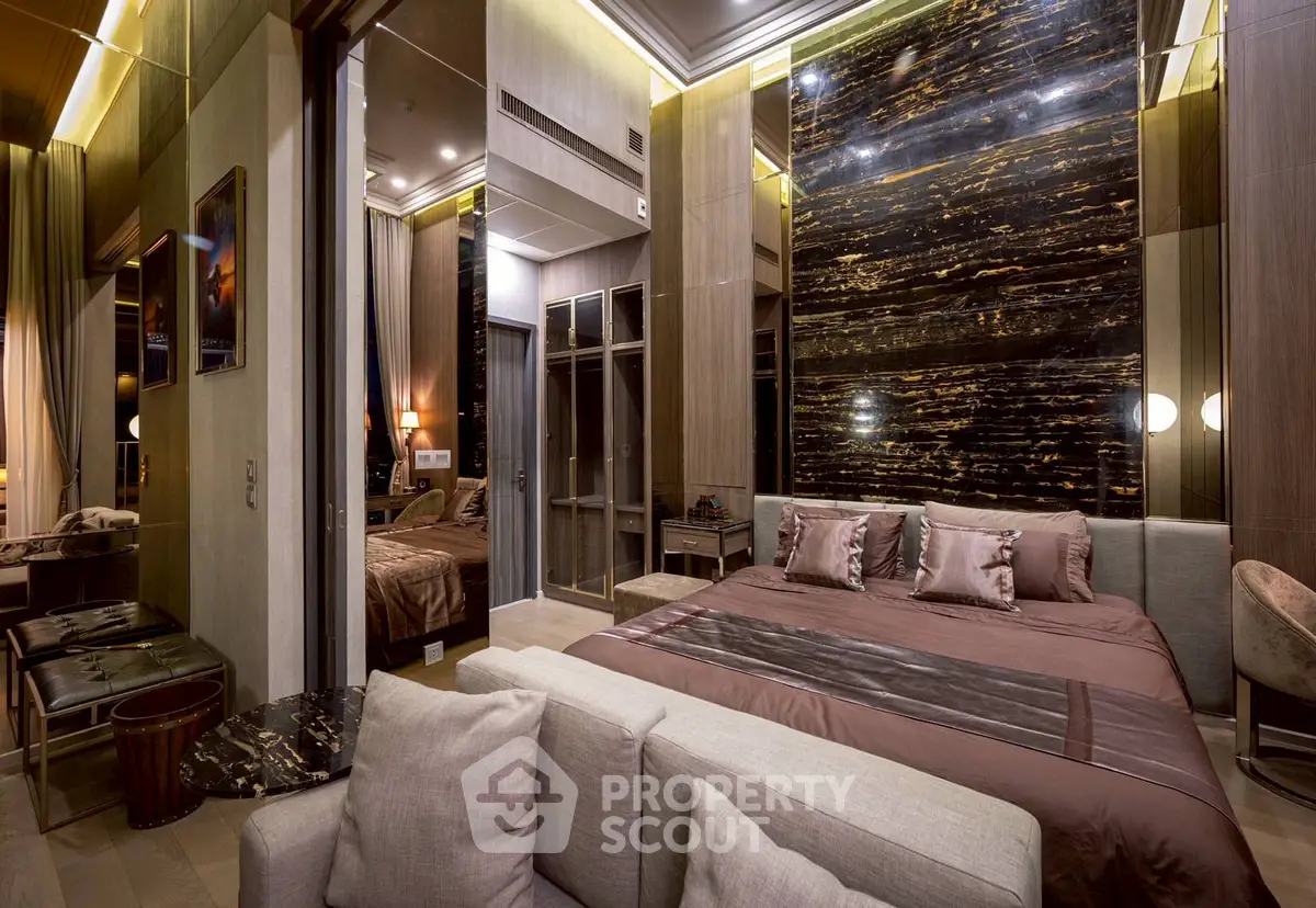 Luxurious modern bedroom with elegant decor and plush furnishings
