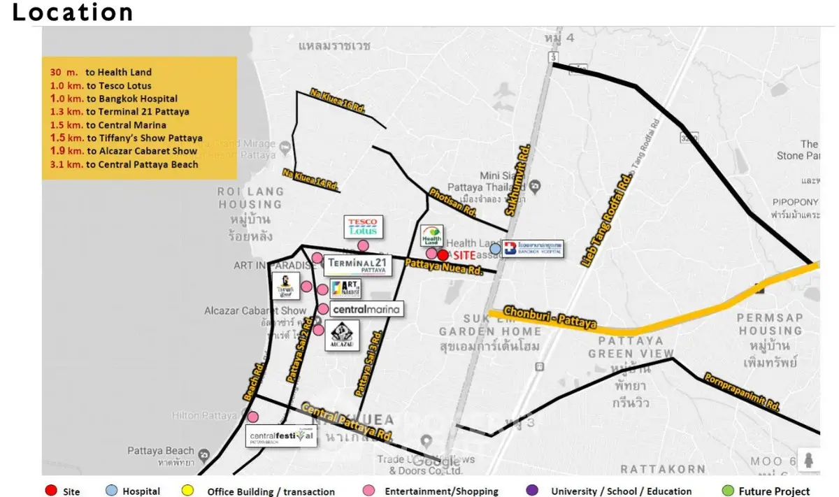 Map showing real estate location with nearby amenities in Pattaya, including shopping centers and hospitals.