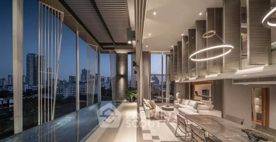 Luxurious modern living room with stunning city view and infinity pool, featuring elegant lighting and spacious design.
