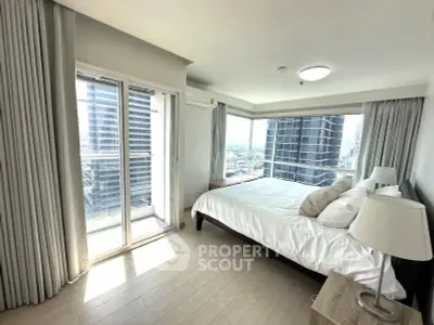 Modern bedroom with city view and large windows in high-rise apartment