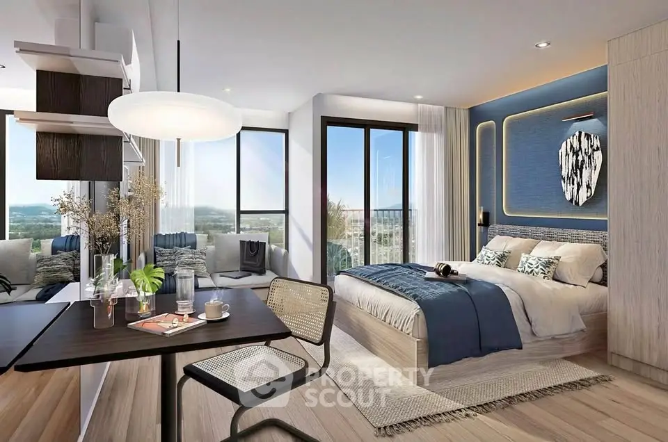 Luxurious modern bedroom with stunning view and elegant decor, featuring a cozy seating area and stylish furnishings.