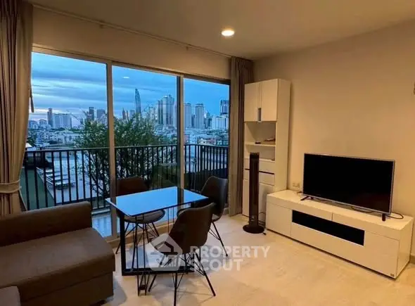 Modern living room with city view and balcony access in urban apartment