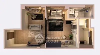 Modern apartment floor plan with stylish bedroom, cozy living area, and sleek bathroom design.