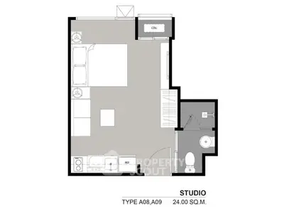 Studio apartment floor plan with efficient layout and modern amenities.