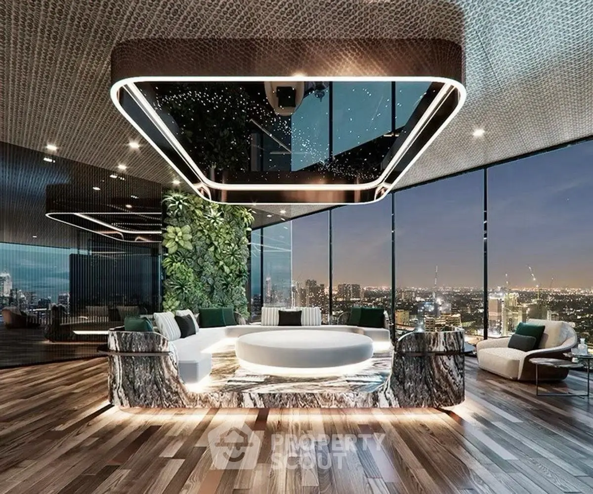 Luxurious modern living room with panoramic city views and elegant design.
