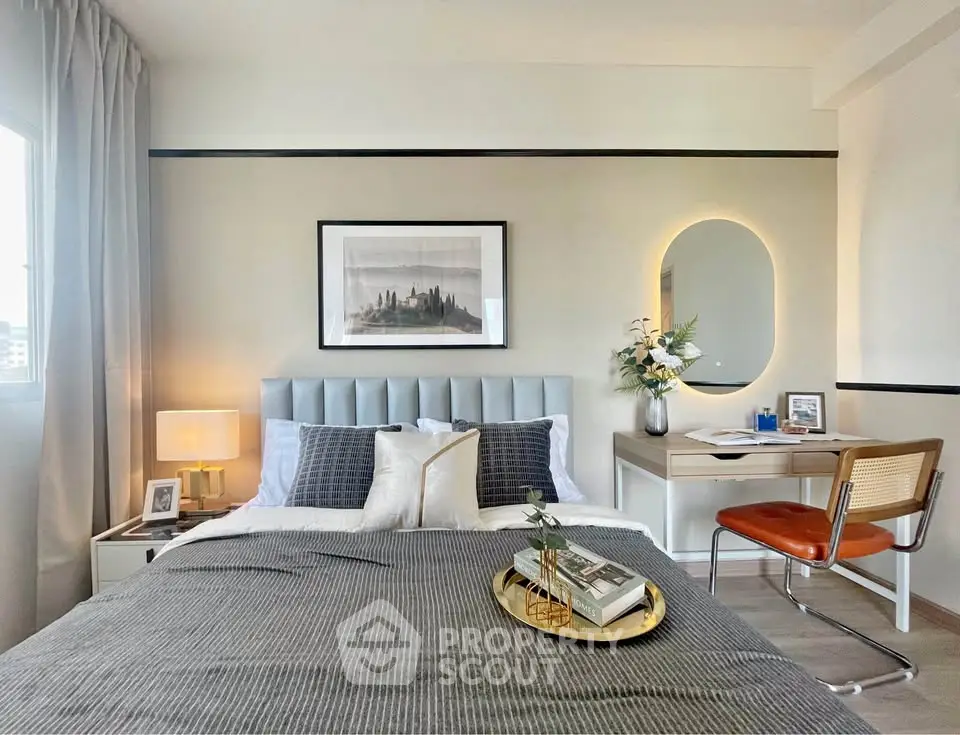 Stylish bedroom with modern decor, featuring a cozy bed, elegant desk, and ambient lighting.