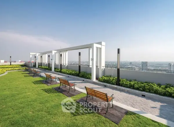 Stunning rooftop garden with panoramic city views and modern design.