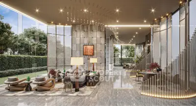 Luxurious modern lobby with elegant seating and stunning garden views.