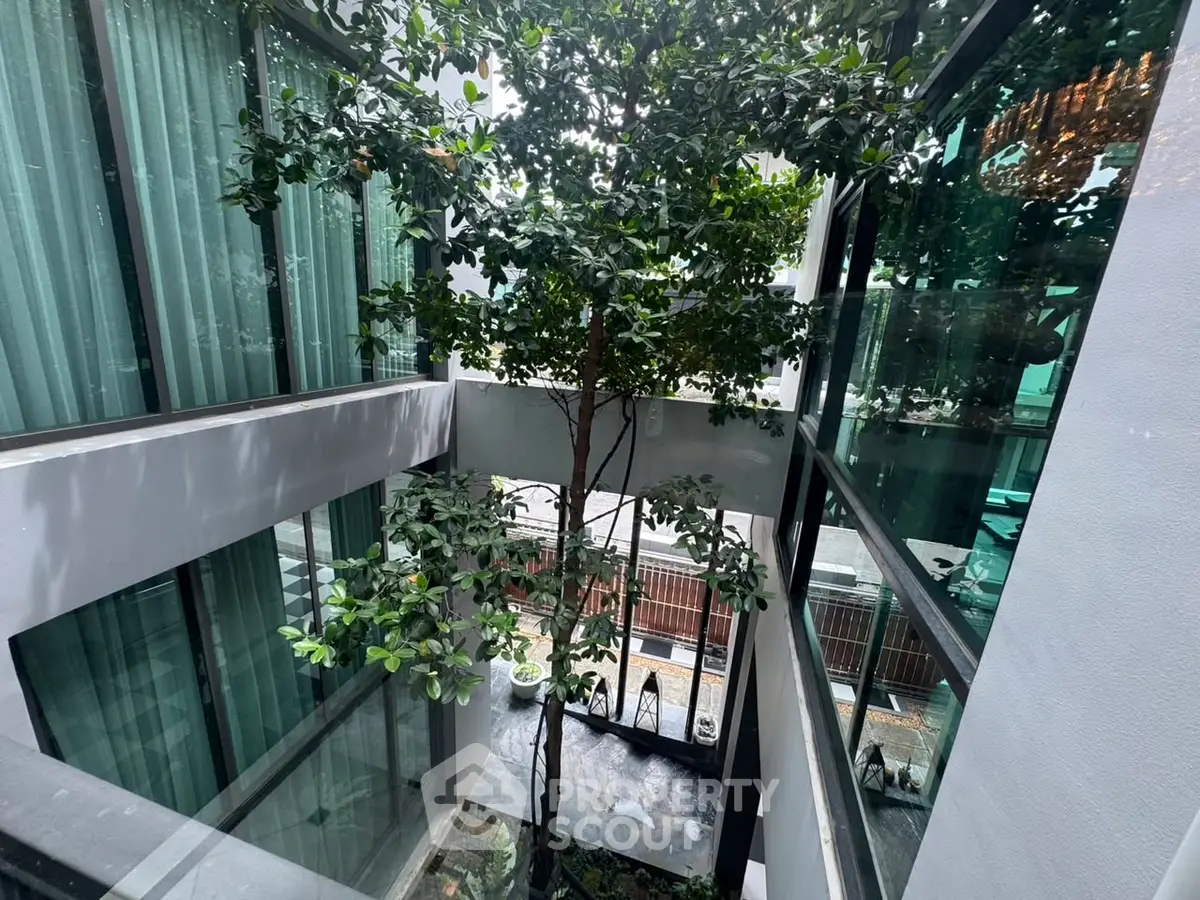 Modern building with glass facade and interior tree courtyard