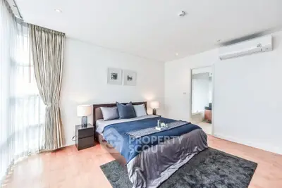 Spacious modern bedroom with elegant decor and natural light