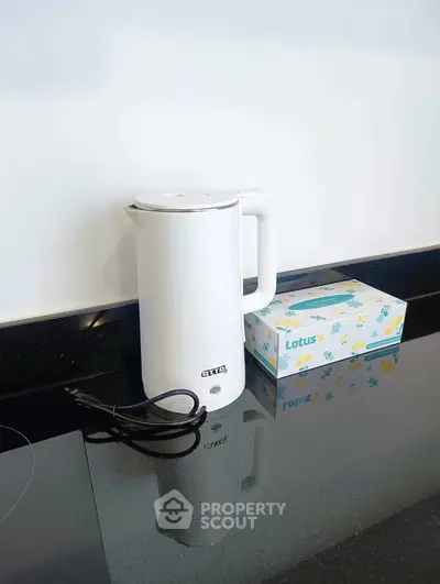 Modern kitchen countertop with sleek white electric kettle and tissue box.