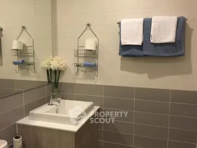 Modern bathroom with elegant sink and towel racks, perfect for a cozy home.